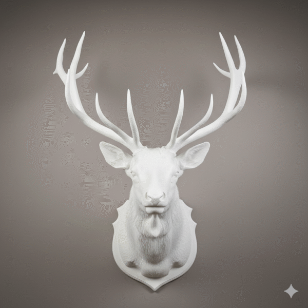 elk head mount, front view, on grey background as white sculpture THE SENTINEL: Elk Head Mount (A Boulevard East Initiative)
