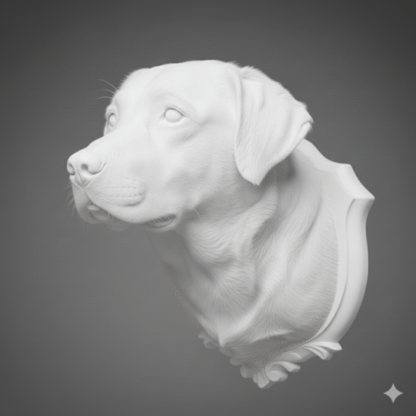 Labrador Retriever head mount, side view, on grey background as white sculpture THE REGAL LABRADOR: The Guardian of Loyalty