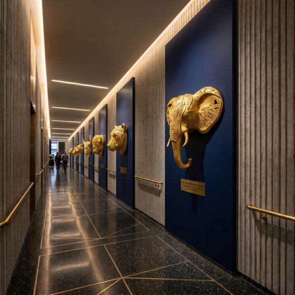 Architectural Hallway, Corridor (Bright Gold & Shimmer) Elephant 3D Sculpture: The Sovereign Sentinel