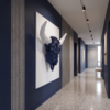 BULL 3D FLOWER Architectural Hallway, Gallery Corridor (Sleek Matte Navy Blue) 3D Bull Skull with Floral Overlay: The Alchemical Bloom
