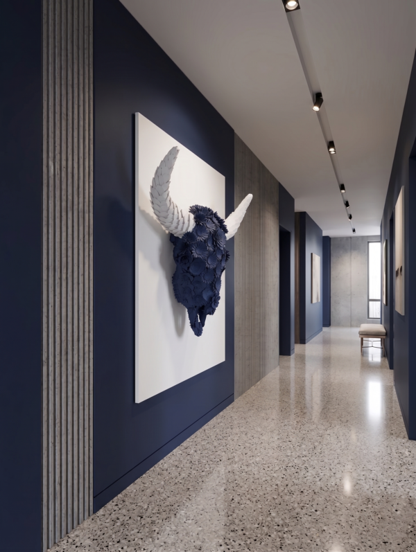 BULL 3D FLOWER Architectural Hallway, Gallery Corridor (Sleek Matte Navy Blue) 3D Bull Skull with Floral Overlay: The Alchemical Bloom