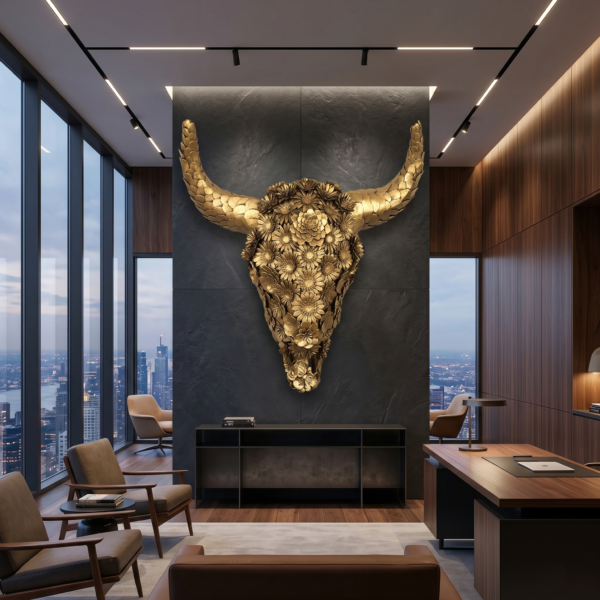 BULL 3D FLOWER Executive Office, Lounge (Sophisticated Metallic Antique Gold) 3D Bull Skull with Floral Overlay: The Alchemical Bloom