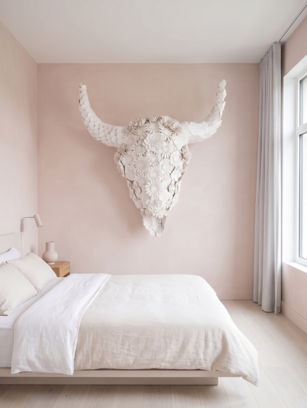 BULL 3D FLOWER Minimalist Master Bedroom (Soft Pastels Muted Blush Pink) 3D Bull Skull with Floral Overlay: The Alchemical Bloom