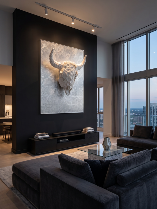BULL 3D FLOWER Open-Plan Luxury Living Room (Sleek Matte Black) 3D Bull Skull with Floral Overlay: The Alchemical Bloom
