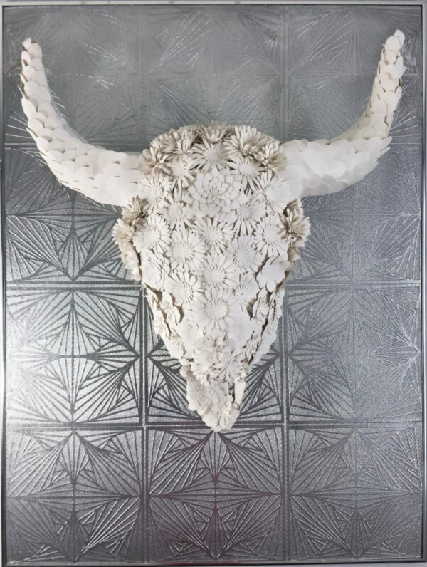 BULL 3D FLOWER WHITE POSTERBOARD 3D Bull Skull with Floral Overlay: The Alchemical Bloom