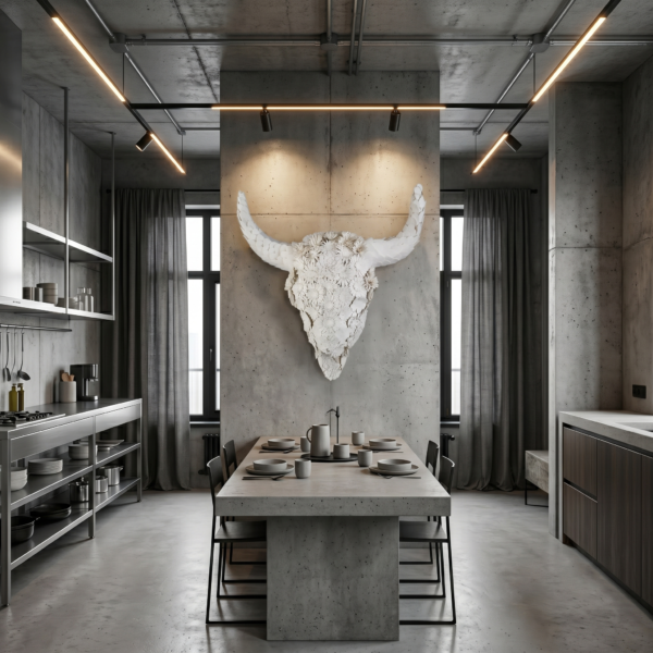 BULL 3D FLOWERDesigner Kitchen, Dining Space (Raw Industrial Concrete Grey) 3D Bull Skull with Floral Overlay: The Alchemical Bloom