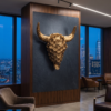 BULL 3D FLOWERExecutive Office. Lounge (Sophisticated Metallic Antique Gold) 3D Bull Skull with Floral Overlay: The Alchemical Bloom