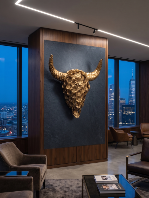 BULL 3D FLOWERExecutive Office. Lounge (Sophisticated Metallic Antique Gold) 3D Bull Skull with Floral Overlay: The Alchemical Bloom