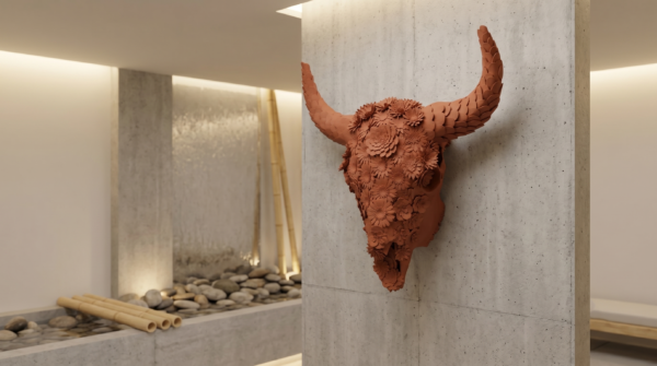 BULL 3D FLOWERHigh-End Wellness Spa or Sanctuary (Organic Terracotta & Clay) 1 3D Bull Skull with Floral Overlay: The Alchemical Bloom