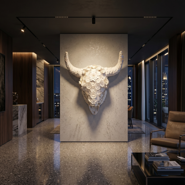 BULL 3D FLOWERLuxury Penthouse Suite at Night (Brilliant Metallic Platinum Silver) 3D Bull Skull with Floral Overlay: The Alchemical Bloom