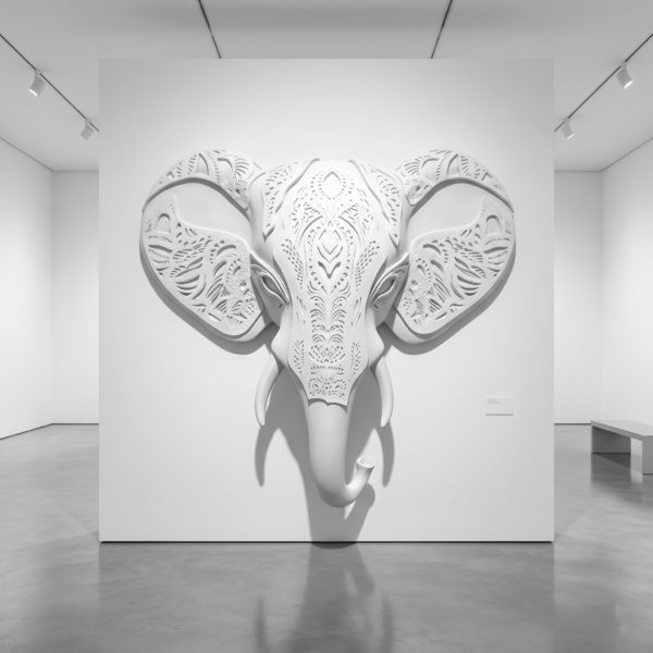 Contemporary Fine Art Gallery (Stark Minimalist White) Elephant 3D Sculpture: The Sovereign Sentinel