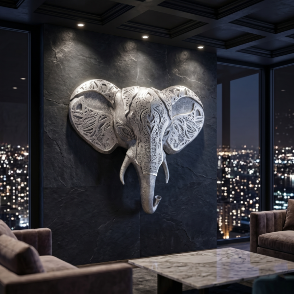 Luxury Penthouse Living Room at Night (Dazzling Silver Metallic) Elephant 3D Sculpture: The Sovereign Sentinel