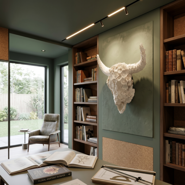 Modern Library or Private Study (Sage Green & Muted Earth) 3D Bull Skull with Floral Overlay: The Alchemical Bloom